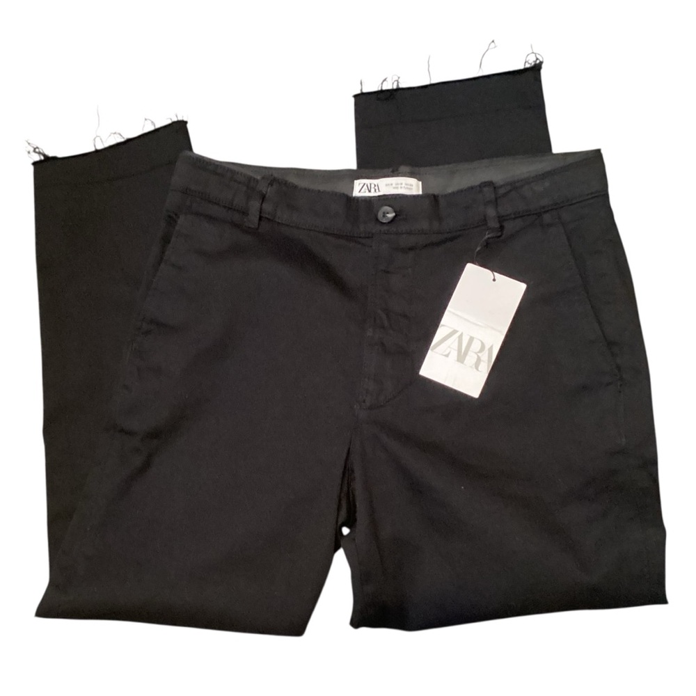 NWT Zara High Rise Black Straight Leg Ankle Pants Raw Hem Cropped Trouser M